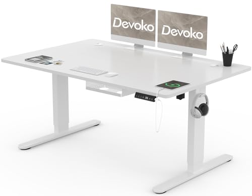 Devoko höhenverstellbarer Schreibtisch 140 x 80 cm mit USB-A, Kabelmanagement und 3-Funktionsspeicher, weiß