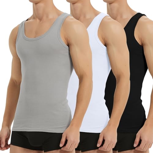 Unterhemd Herren 3er Pack Tank Top Baumwolle Feinripp ärmellos Schwarz Weiß Grau L