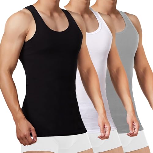 FALARY Herren Tank Top 3er Pack Baumwolle Sport Unterhemden 3XL Schwarz Weiß Grau