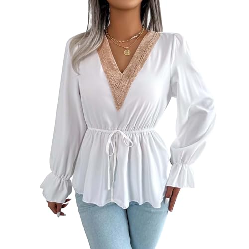 hanaoops langarmshirt damen v ausschnitt spitzen top elegant rüschen weiß l