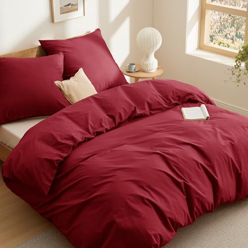 bedsure bettwäsche 155x220 baumwolle rot, 3-teilig mit 2 kissenbezügen 80x80 cm