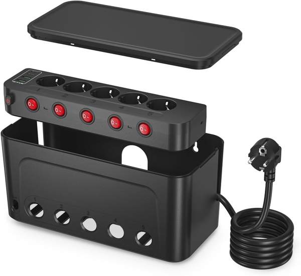 cable box mit power strip, surge protection, 5-fach steckdosen, 4 usb, 1,5 m kabel, schwarz