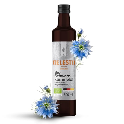 Produktbild: schwarzkümmelöl kaltgepresst bio ungefiltert oelesto 500ml 4600mg/kg thymochinongehalt