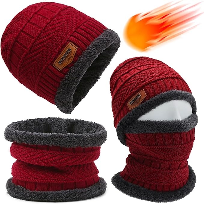 atuoxing winter mütze schal set für herren damen gefütterte beanie schlauchschal rot