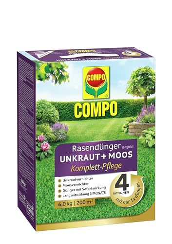 compo rasendünger unkraut moos komplett-pflege 3 monate langzeitwirkung 6 kg für 200 m