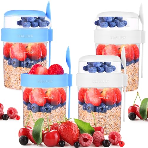 joghurtbecher to go 4pcs mit löffel, müslicup 2 in 1 für gefrierschrank, blau, weiß