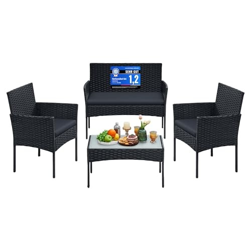 SONGMICS Gartenmöbel-Set 4-teilig, Balkonmöbel aus PE-Polyrattan, Tisch, Stühle, Bank