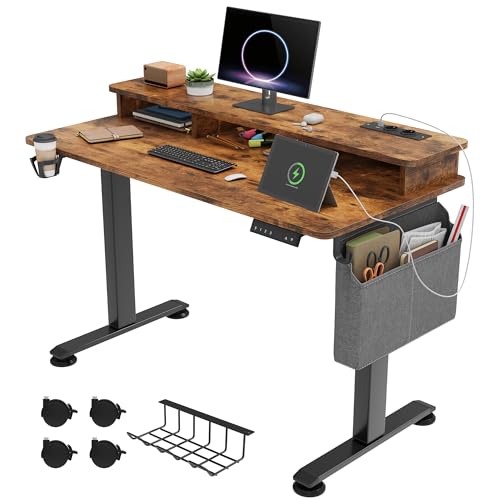 yitahome höhenverstellbarer schreibtisch elektrisch 120x60 cm mit usb und ablagefach vintage-braun