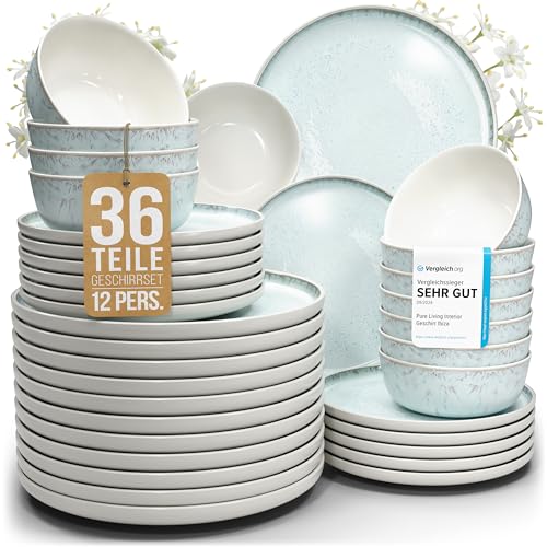 steingut geschirrset 12 personen 36 tlg blau-beige, schüssel- und teller set
