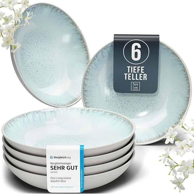 Steingut Suppenteller 6 Personen Ibiza, Tiefe Pasta Teller Blau-Beige