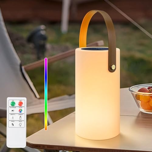 GGOO Solarlampe Tischleuchte mit Fernbedienung, dimmbar Warmweiß und RGB, kabellos für Garten und Camping