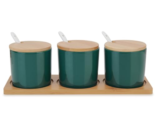 Produktbild: gewürzbehälter 3er set chase chic, keramik mit bambusdeckel und löffel, grün