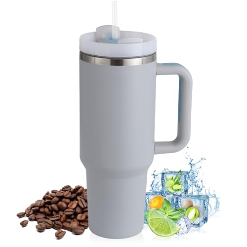 40oz thermobecher mit strohhalm und henkel, edelstahl vakuum trinkbecher hell grau