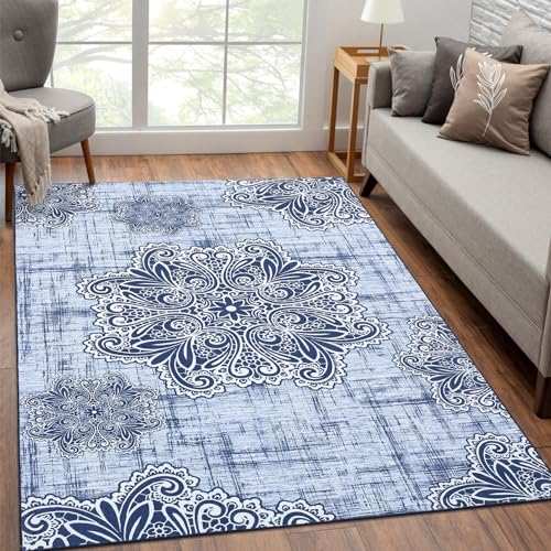 LuxFocus Kurzflor Teppich Blumen rutschfest, maschinenwaschbar, ultra-weich, Vintage, 120x170 cm, Blau für Wohnzimmer, Schlafzimmer, Esszimmer