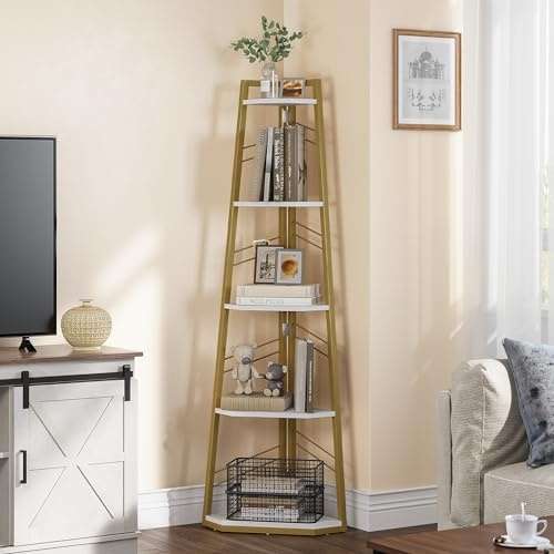 yitahome eck-bücherregal 5-stöckig industrial, freistehend, holzregal für wohnzimmer, home office, gold