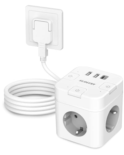 Produktbild: steckdosenwürfel 6 in 1 mit usb c, 3-fach steckdosenleiste, 2m kabel, weiß