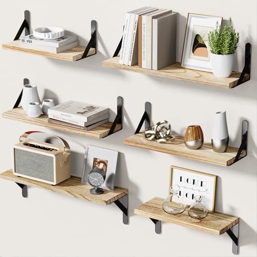 Pipishell Wandregal Holz Metall 6 Stück rustikal für Wohnzimmer Schlafzimmer Büro Küche