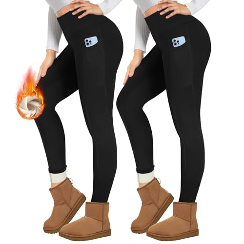 TNNZEET thermo leggings damen gefüttert mit taschen high waist fleece warm blickdicht