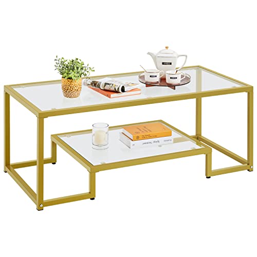 Yaheetech couchtisch hartglas metallrahmen 2 offene ablagen 106 x 50 x 45 cm senfgelb