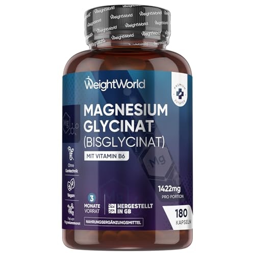 Produktbild: magnesium bisglycinat kapseln 1422 mg mit vitamin b6 180 vegane kapseln - weightworld