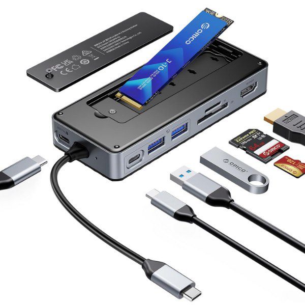 Produktbild: orico usb c docking station 8in1 mit m.2 ssd gehäuse 34,99 euro