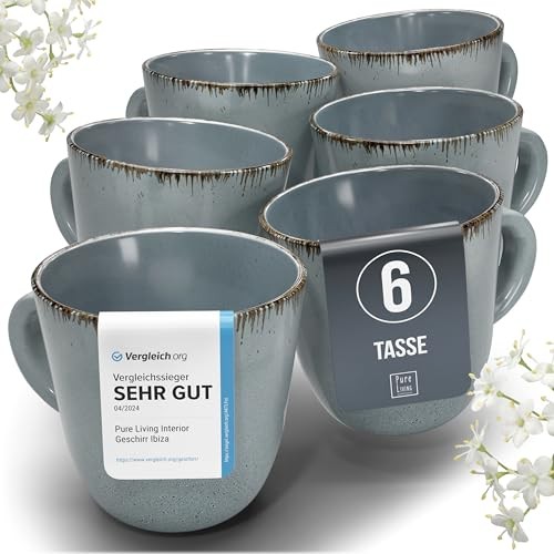Steingut Kaffeetassen Set 6 Personen, Rustic Landhausstil, Rauchblau