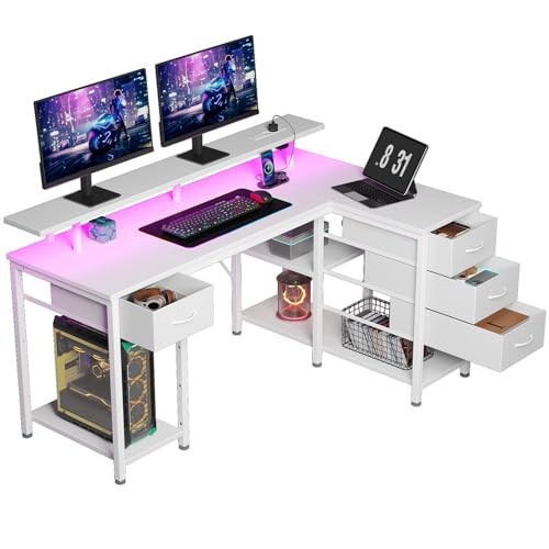 Computertisch L-Form 140 cm mit 4 Schubladen, LED, Steckdosen, Monitorständer (Weiß)