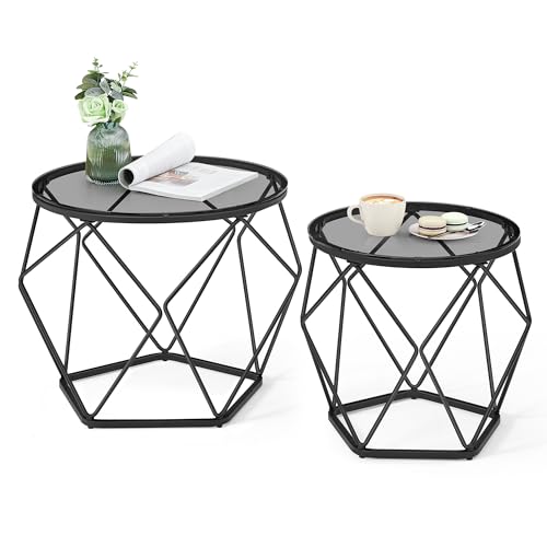 vasagle couchtisch rund 2er set, beistelltisch modern, abnehmbare tischplatte, schiefergrau-tintenschwarz