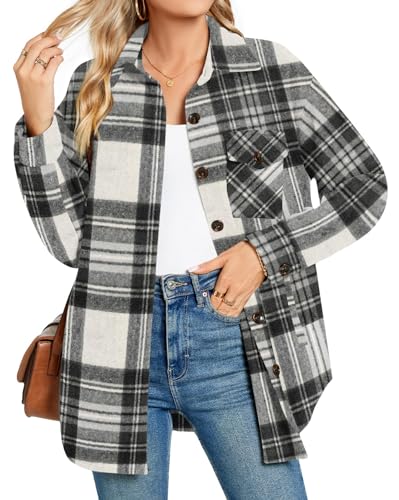 aodemo damen kariertes flanell sakko langarm jacke mit taschen schwarz-weiß M