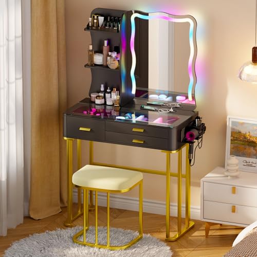 lvifur schminktisch mit led spiegel, beleuchtung, hocker, schubladen, 40*80*140 cm