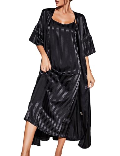 hanerdun damen satin nachthemd set, seiden badeanzug negligee, schwarz, m