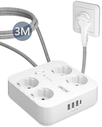 lencent power strip 4-way mit 4 ac 3 usb und 1 type c port, surge protection, 3m kabel