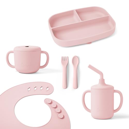 ergobaby kindergeschirr-set deluxe für babys ab 6 monaten, 2 becher, lätzchen, blush pink