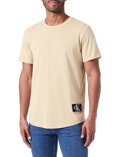 calvin klein jeans kurzarm t-shirt beige rundhalsausschnitt badge turn up sleeve, xxS