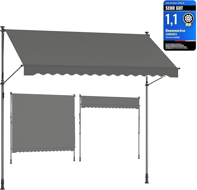 Klemmmarkise Balkon Terrasse 300 x 120 cm höhenverstellbar Anthrazit Beige UPF 50+