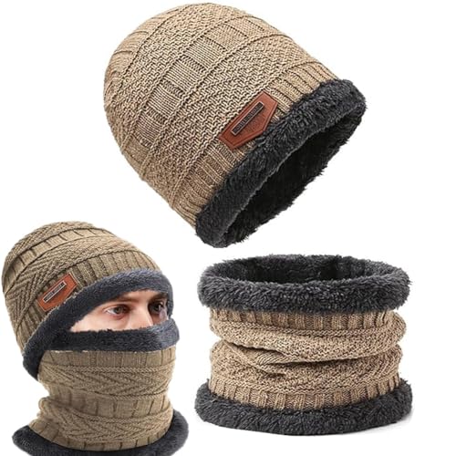 ouoqi winter beanie mütze und loop schal set mit fleece, warme wintermütze schal