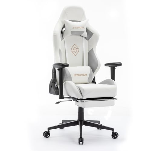 staruzi gaming stuhl weiß leder mikrofaser mit fußstütze und verstellbaren armlehnen