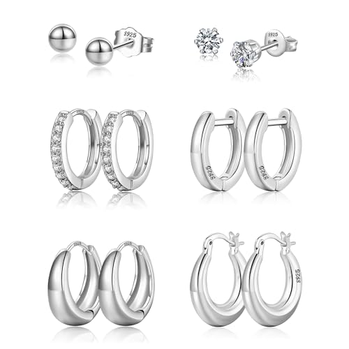 Produktbild: ohrringe silber 925 set 6 paar creolen und ohrstecker hypoallergen für damen