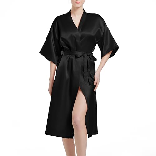 Produktbild: satin kimono damen bademantel jcqigoa kurz schwarz hochzeitsmorgenmantel pyjama M
