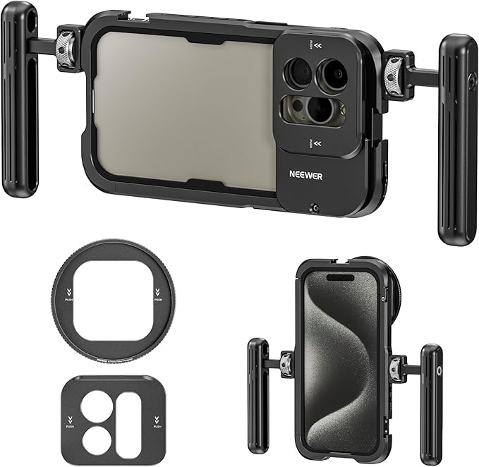 neeewer telefonkäfig video rig für iphone 15 pro max mit zwei griffen, stabilisator