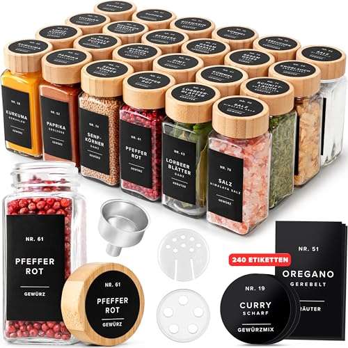 edelhaus gewürzgläser set mit holzdeckel, 24 x 120 ml, mit etiketten und shakerinsatz