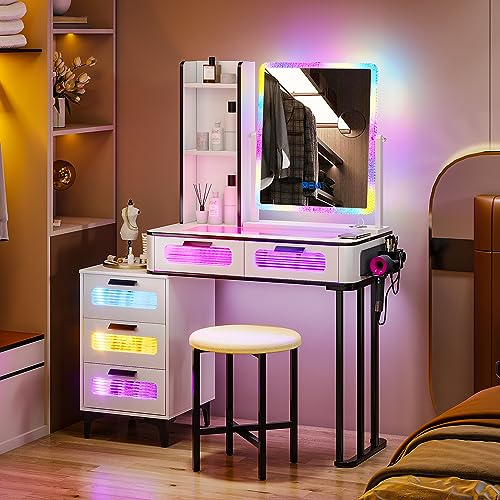 lvifur rgb schminktisch mit kabellosem laden, usb, dimmbar, 5 schubladen, hocker