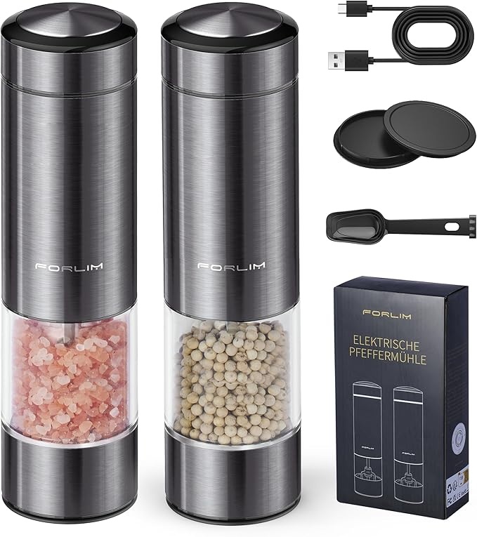 forlim elektrische salz und pfeffermühle set, usb wiederaufladbar, 2er set metall gunmetal