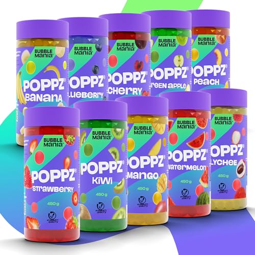 bubble tea perlen 10er pack von bubblemania poppz - fruchtaromen wie erdbeere, kiwi, mango, wassermelone, litschi, banane, blaubeere, kirsche, pfirsich, apfel