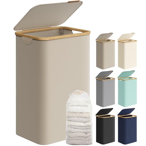 wäschekorb songmics mit deckel 90 l herausnehmbarer sack oxford-gewebe kamelbraun 42 x 32 x 70,5 cm