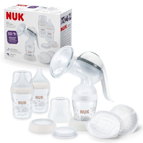 nuk handmilchpumpen-set mit silikonkissen, ergonomischem pumphebel, 2 babyflaschen, 150 ml, 2 einwegstilleinlagen