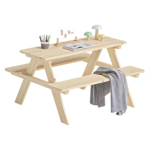 bellabino kindermöbel sitzgruppe outdoor, 2 bänke mit tisch aus massivholz natur