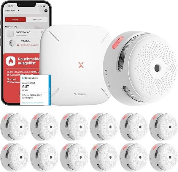X-Sense Smart Rauchmelder XS01-M mit SBS50 Basisstation - 12er Pack