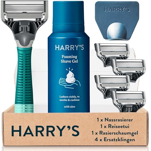 harrys nassrasierer männer set mit grünem griff, 4 ersatzklingen, 60ml rasiergel