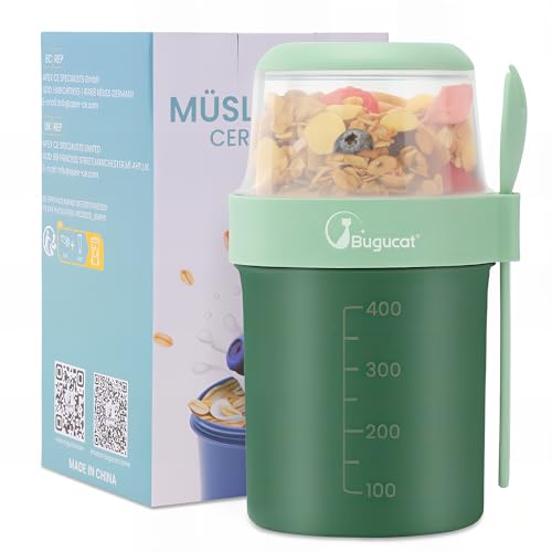 bugucat müslibecher to go 560ml+310ml, auslaufsicherer joghurtbecher mit löffel, grün